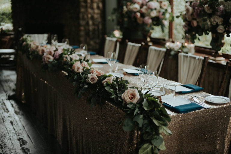 Blush, navy, gold, greenery | Rustic glam wedding in Calgary, AB at River Cafe by Evelyn Clark Weddings 