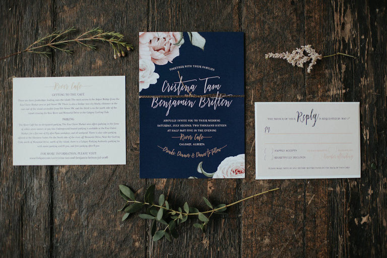 Blush, navy, gold, greenery | Rustic glam wedding in Calgary, AB at River Cafe by Evelyn Clark Weddings 