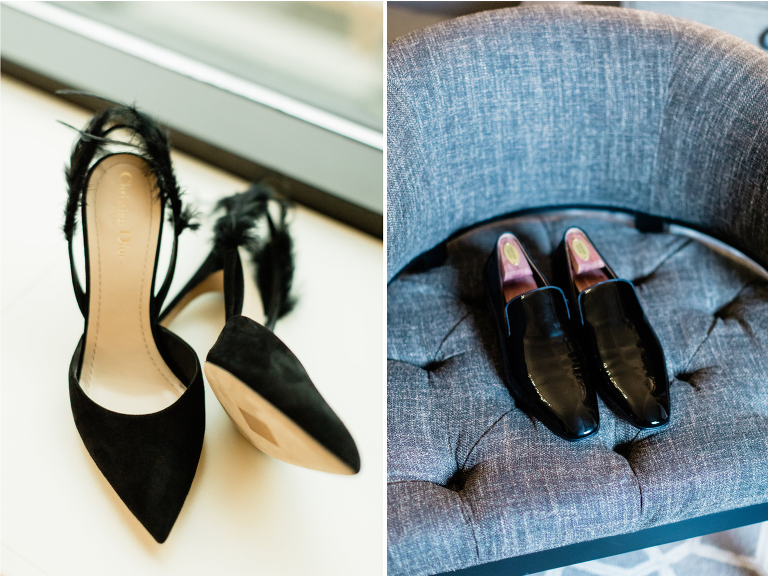 Dior wedding shoes for her, Louboutins for him | Fairmont Banff Springs wedding with high-fashion, eclectic details in black, grey, gold and green by Evelyn Clark Weddings, Calgary and Banff wedding planner | Photos Nicole Sarah Photography