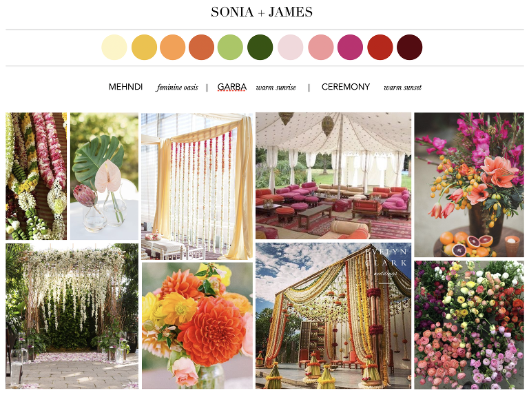 Mood Board for fusion Indian wedding in Calgary with sunrise theme